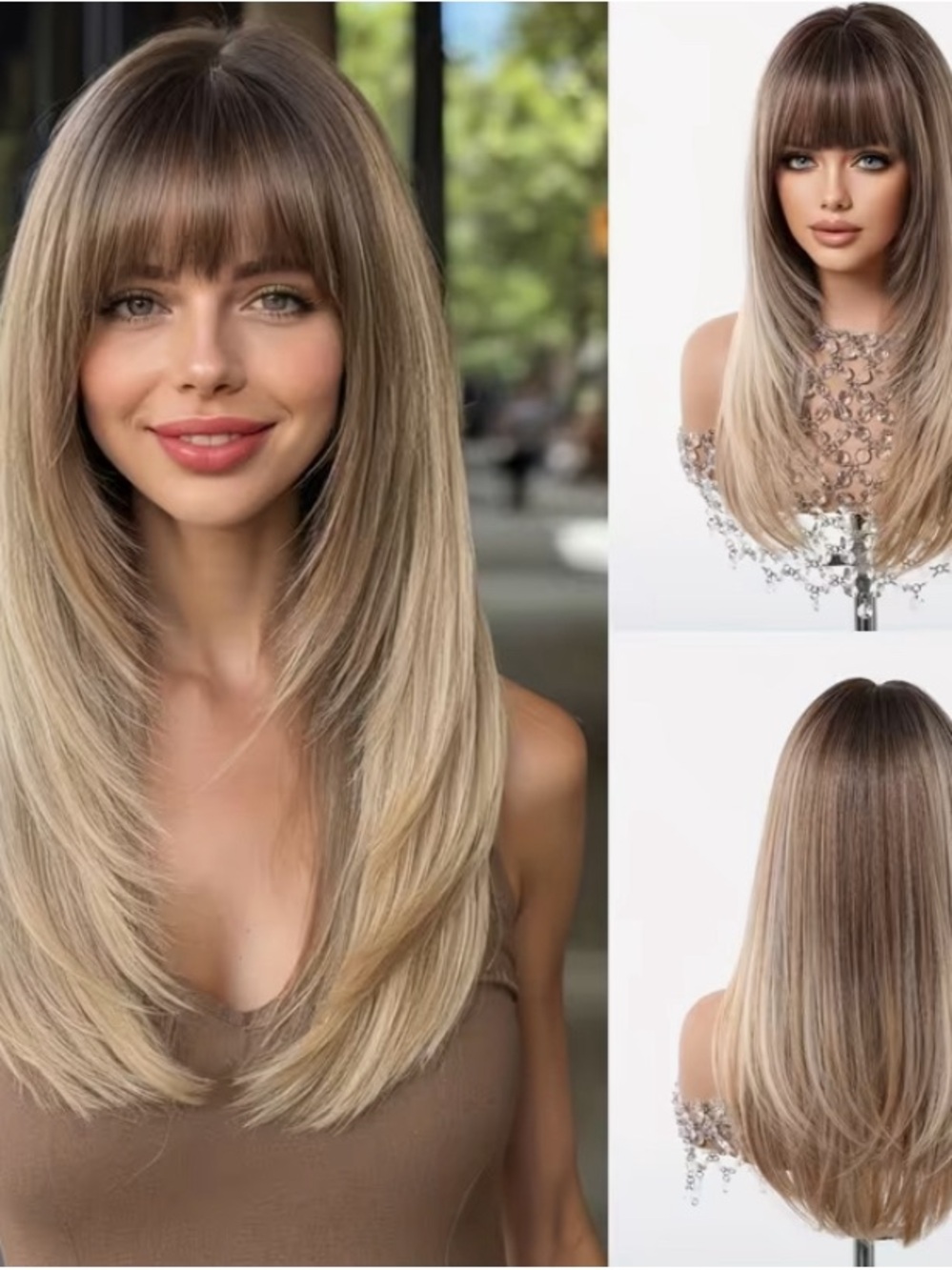 Synthetic Layered Wig with Bangs - Brown Blonde Ombre